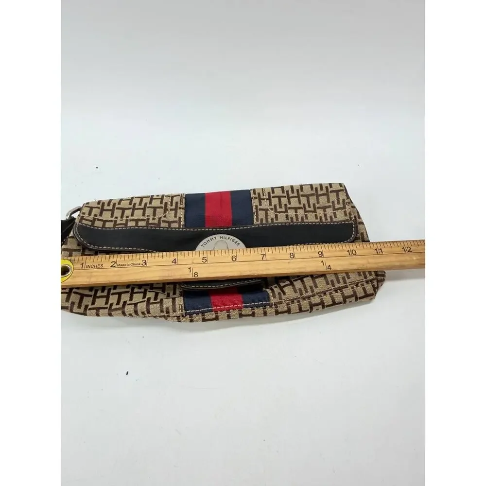 Tommy Hilfiger Monogram Wristlet Clutch Wallet Brown Canvas Red Blue Stripe
